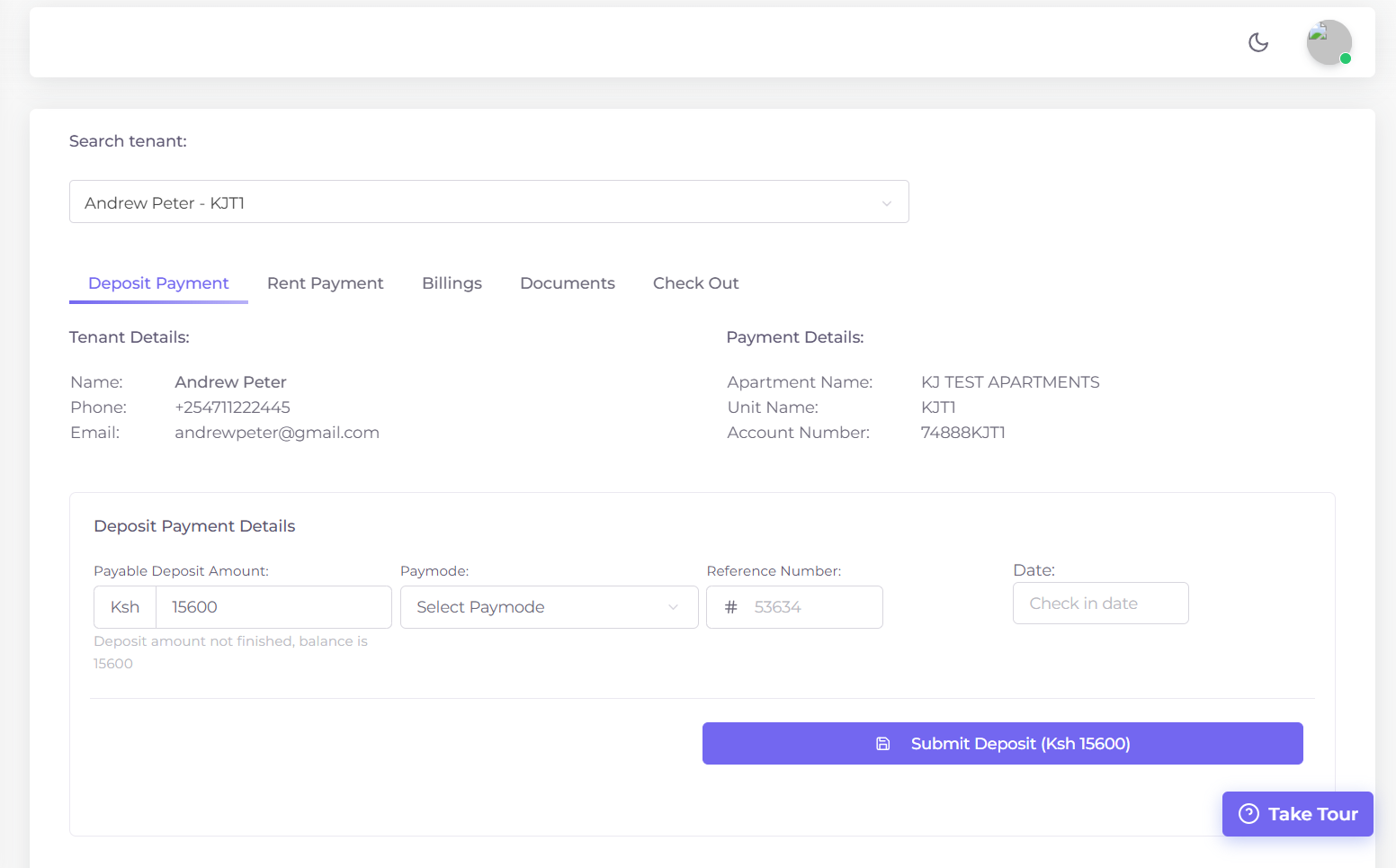 Tenant Deposit Payment