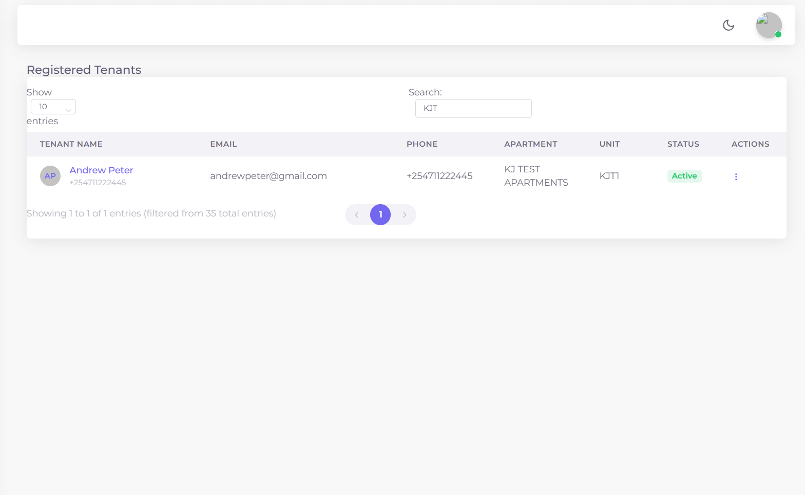 View Tenants DataTable